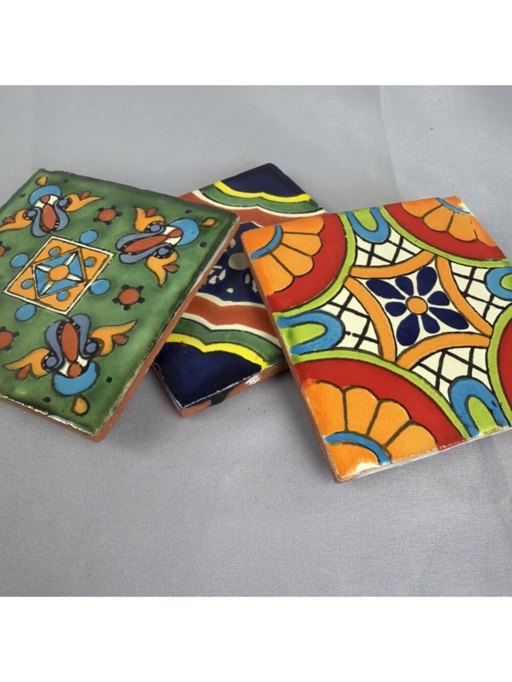 Set of 3 Mexican Talavera Tile Coasters Cork Back Orange Green Royal Blue